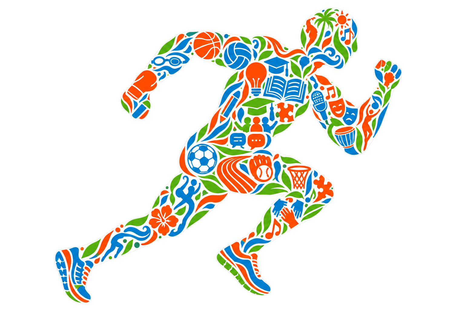 A running figure formed from sports, learning, and performing arts symbols in CYDinc’s colors